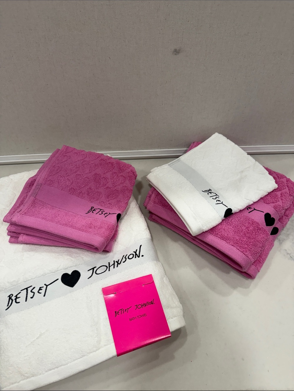 Betsey Johnson Pink and White Towel Set with Heart Logo